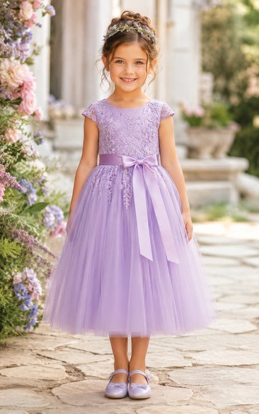 Lavender Tea-Length A-Line Lace Flower Girl Dress with Bow Sash