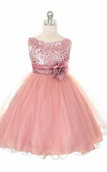 Tea-Length Floral Floral Sequins&Satin Flower Girl Dress With Sash