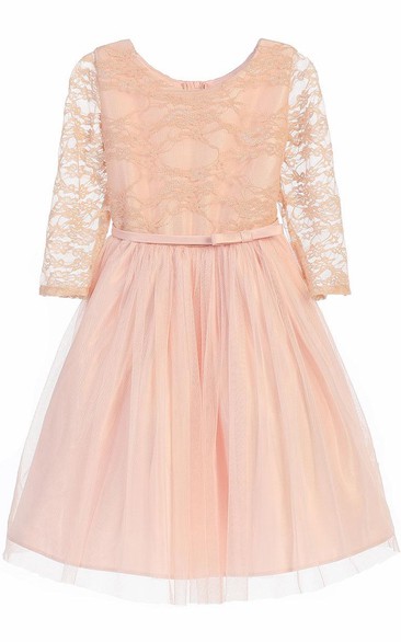 Tea-Length Bowed Lace&Satin Flower Girl Dress
