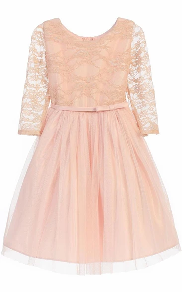 Tea-Length Bowed Lace&Satin Flower Girl Dress