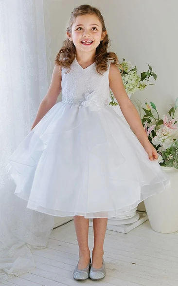 Embroideried Tea-Length Tiered Lace&Organza Flower Girl Dress