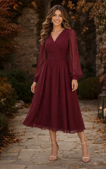 Burgundy Long Sleeve Chiffon Midi Dress