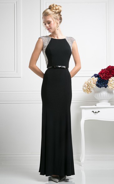 Sheath Floor-Length Scoop-Neck Cap-Sleeve Jersey Dress With Beading