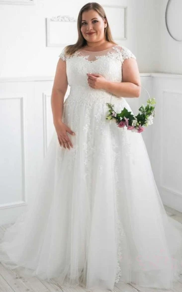 Romantic A Line Tulle Bateau Sweep Train Wedding Dress with Appliques