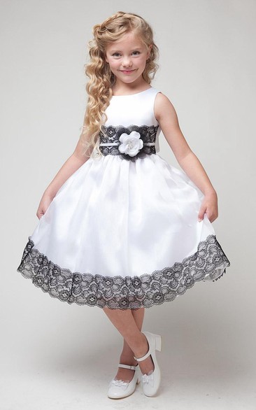Tea-Length Appliqued Floral Lace&Satin Flower Girl Dress With Sash