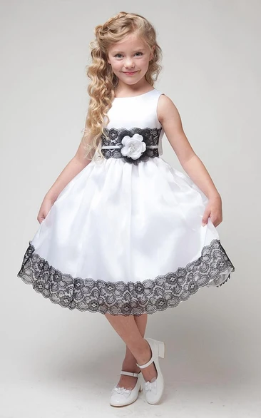 Tea-Length Appliqued Floral Lace&Satin Flower Girl Dress With Sash