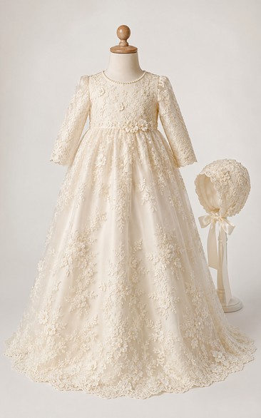 Baby Christening Gown Vintage Modest Princess Ball Gown Long Sleeve Illusion Tulle Lace Floor-Length Sweep Train with Bow Sash in Champagne