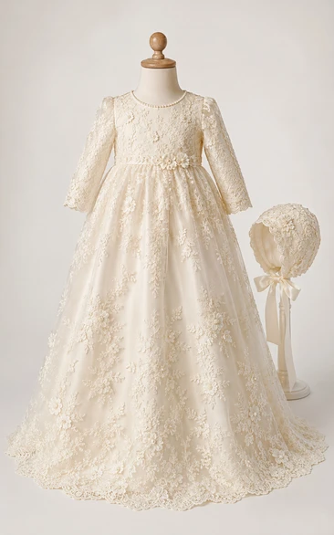 Baby Christening Gown Vintage Modest Princess Ball Gown Long Sleeve Illusion Tulle Lace Floor-Length Sweep Train with Bow Sash in Champagne