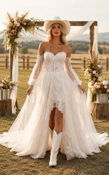 Off-the-Shoulder Layered Lace Country Wedding Dress with Puff Sleeves and Train