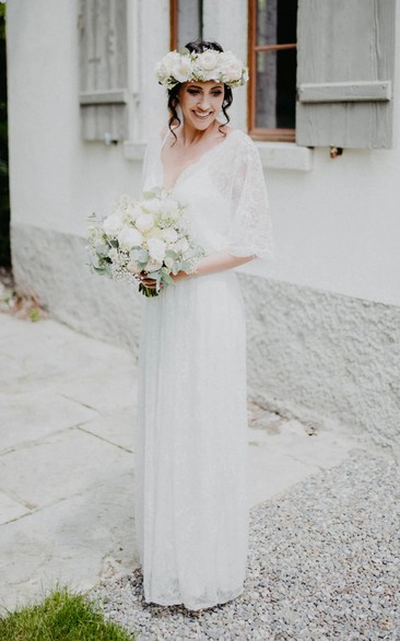 White Vintage Half-sleeve Lace Sheath Simple Country Wedding Dress