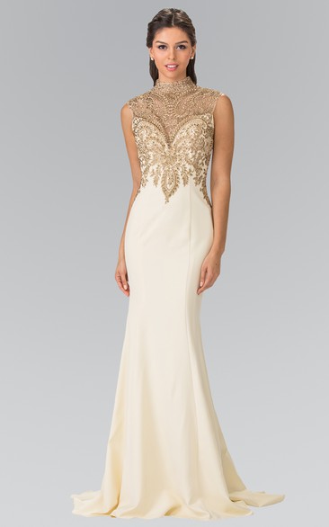 Sheath Long High Neck Sleeveless Jersey Illusion Dress With Beading