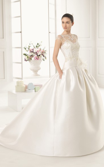 Satin Noble Cap-Sleeved Long Ball Gown With Lace Bodice