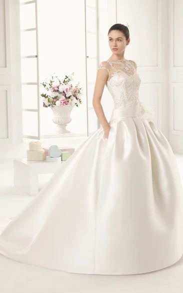 Satin Noble Cap-Sleeved Long Ball Gown With Lace Bodice