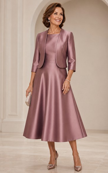 Vintage Mauve Satin Mother Dress with Bolero Vintage Mauve Square A-Line Tea-length