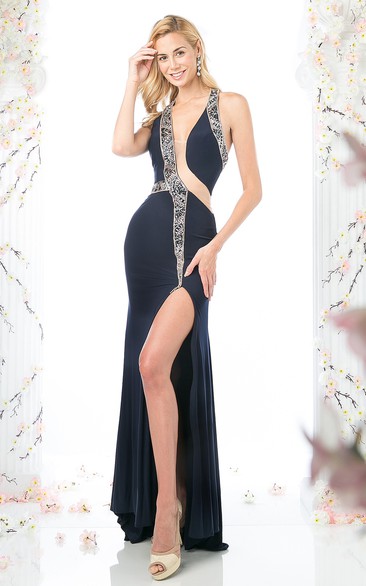 Sheath V-Neck Sleeveless Jersey Backless Dress With Split Front And Beading