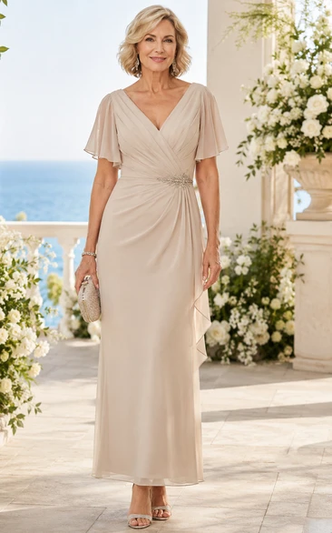 Champagne Sheath Chiffon V-neck Flutter Sleeve Mother Dress