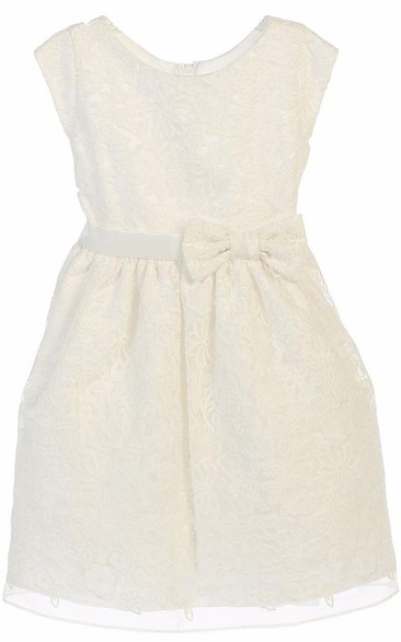 Knee-Length Floral Bowed Cap-Sleeve Organza&Satin Flower Girl Dress With Embroidery