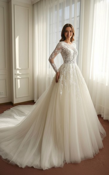Royal Illusion Long Sleeve Ball Gown - Lace Applique Tulle Wedding Dress with Cathedral Train