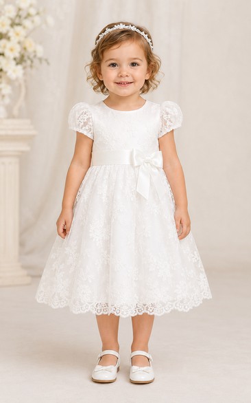 Baby Christening Gown Modest A-Line Cap Sleeve Tulle Lace Tea-Length with Bow Sash in White