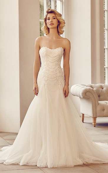 Strapless Maxi Beaded Tulle Wedding Dress With Court Train And Lace-Up
