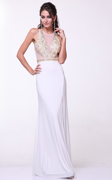 Sheath Floor-Length Jewel-Neck Sleeveless Jersey Dress With Beading