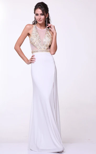 Sheath Floor-Length Jewel-Neck Sleeveless Jersey Dress With Beading