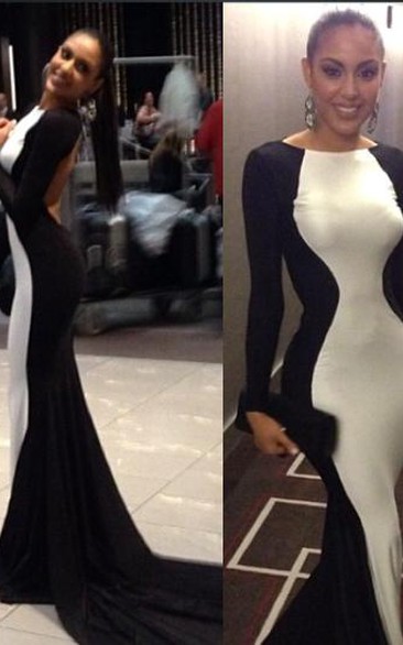 New Sexy White and Black Prom Gown Long Sleeves Womens Evening Party Dresses