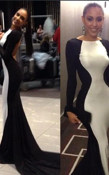 New Sexy White and Black Prom Gown Long Sleeves Womens Evening Party Dresses