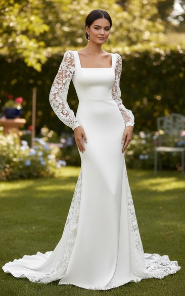 Square Neck Long Sleeve Simple Wedding Dress