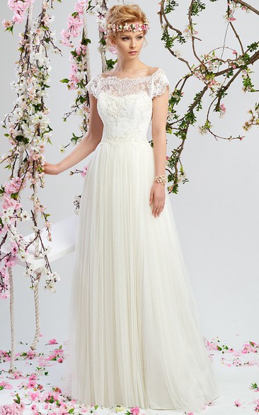 Bateau-Neck Short-Sleeve Floor-Length Tulle&Lace Wedding Dress