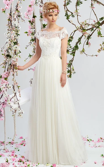 Bateau-Neck Short-Sleeve Floor-Length Tulle&Lace Wedding Dress