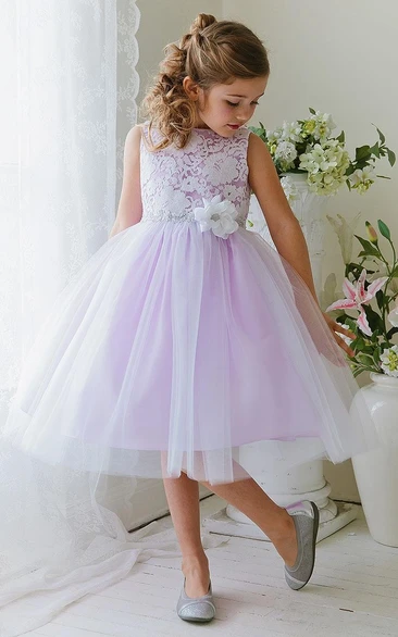 Floral Tea-Length Tiered Tulle&Lace Flower Girl Dress