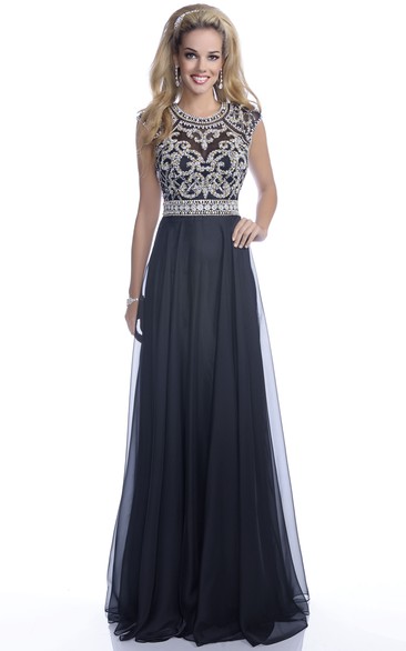 A-Line Sleeveless Keyhole Back Chiffon Prom Dress Featuring Crystal Bodice
