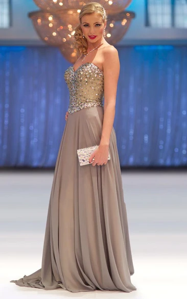 Sheath Floor-Length Sleeveless Beaded Sweetheart Chiffon Prom Dress With Pleats