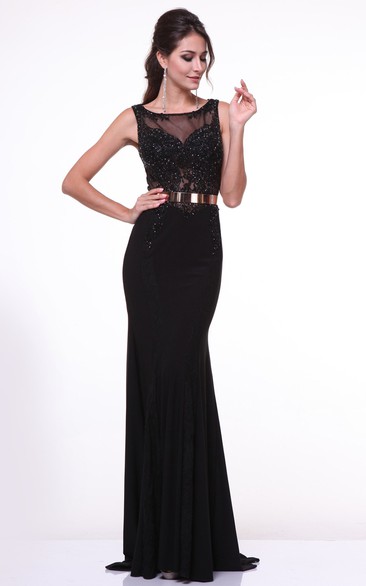 Sheath Long Bateau Sleeveless Jersey Illusion Dress With Pleats