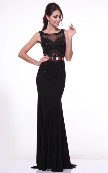 Sheath Long Bateau Sleeveless Jersey Illusion Dress With Pleats