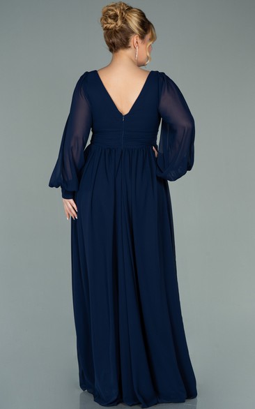 Pleated V-neck Chiffon Long Dress With Slit Mulberry main image 1