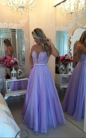 Stunning Pearls Sheer Short Sleeve Evening Dress Long Chiffon Lace