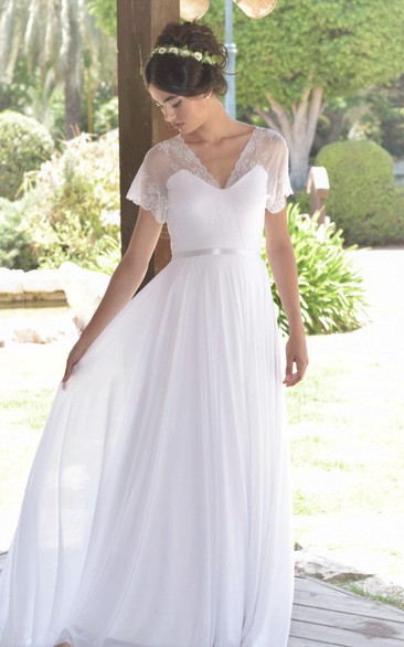 Short Sleeve Lace Chiffon Pleated Simple Wedding Dress With Deep-V Back