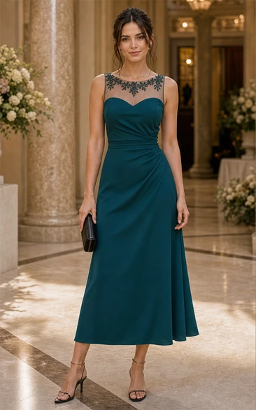 Peacock A-Line Lace Illusion Tea-Length Mother Dress