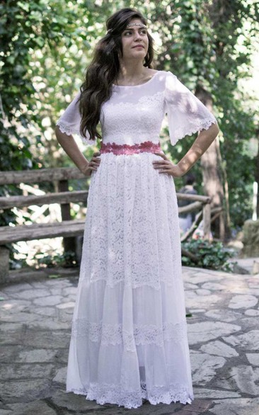 Bateau Bell-Sleeve Lace Full Boho Wedding Dress