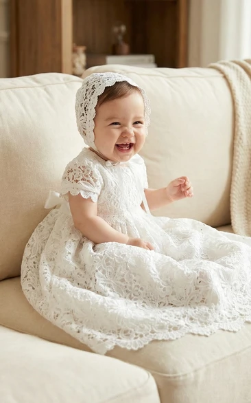 Christening White Lace Baby Flower Girl Dress Short Sleeve Vintage Gown
