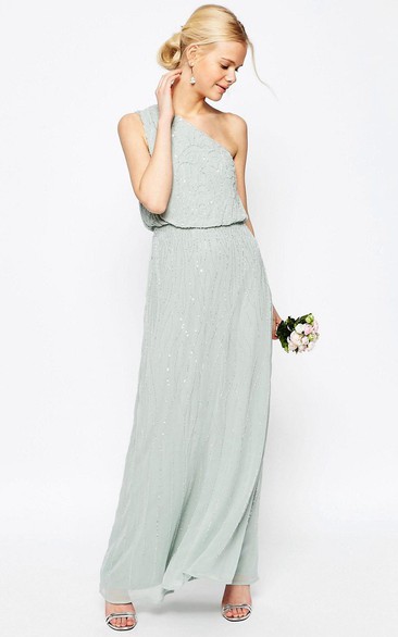 Sheath Ankle-Length Sleeveless Beaded One-Shoulder Chiffon Bridesmaid Dress
