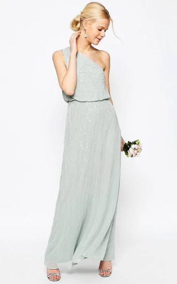 Sheath Ankle-Length Sleeveless Beaded One-Shoulder Chiffon Bridesmaid Dress
