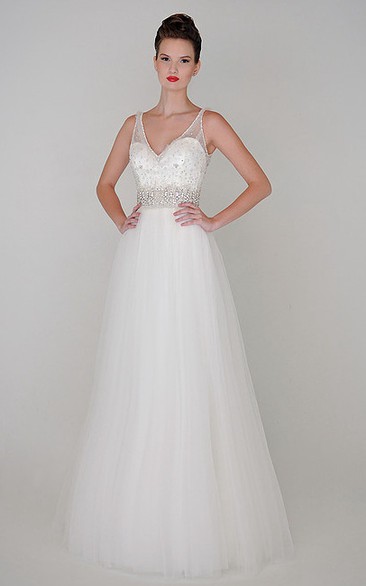 A-Line Beaded V-Neck Floor-Length Sleeveless Tulle Wedding Dress With Waist Jewellery