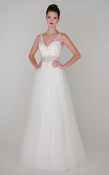 A-Line Beaded V-Neck Floor-Length Sleeveless Tulle Wedding Dress With Waist Jewellery
