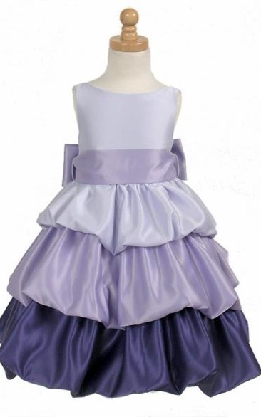 Tea-Length Tiered Sleeveless Satin Flower Girl Dress
