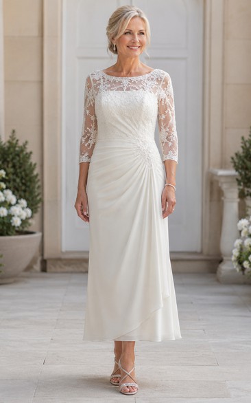 Ankle Length Sheath Older Brides Wedding Dress with Lace Sleeves and Draping