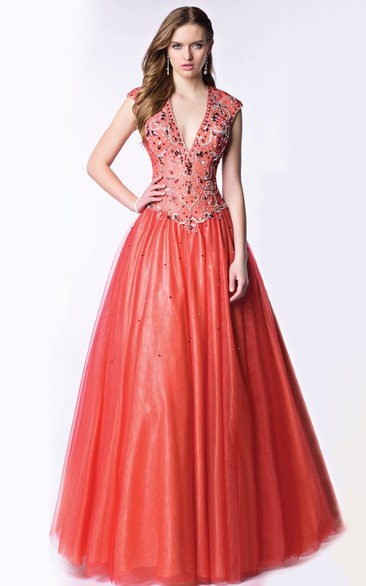 V-Neck Sleeveless A-Line Tulle Homecoming Dress With Sequins And Lace-Up Back