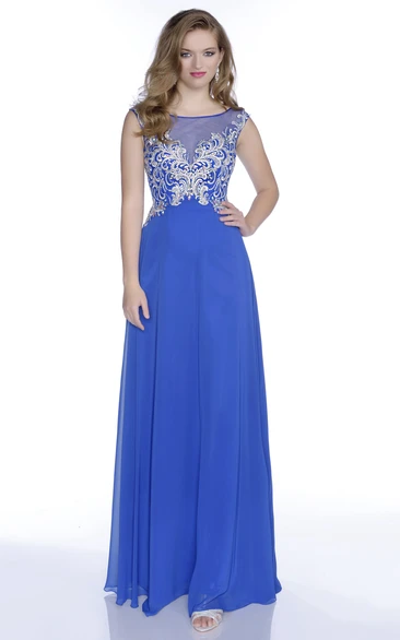 Low-V Back A-Line Chiffon Prom Dress With Bateau Neckline